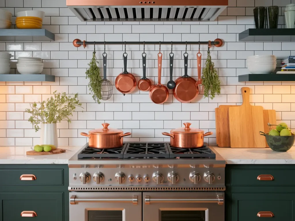 stylish copper pot rack mounted on a white subway tile