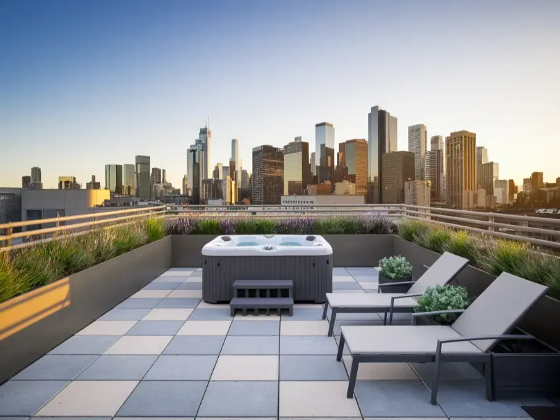 stylish rooftop terrace with a compact 2 person jacuzzi