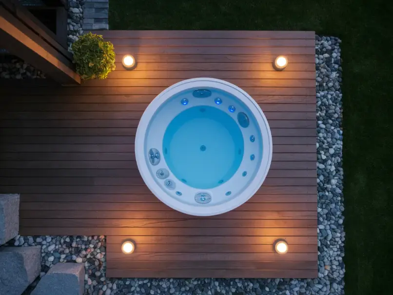 sunken 2 person jacuzzi set into a wooden deck