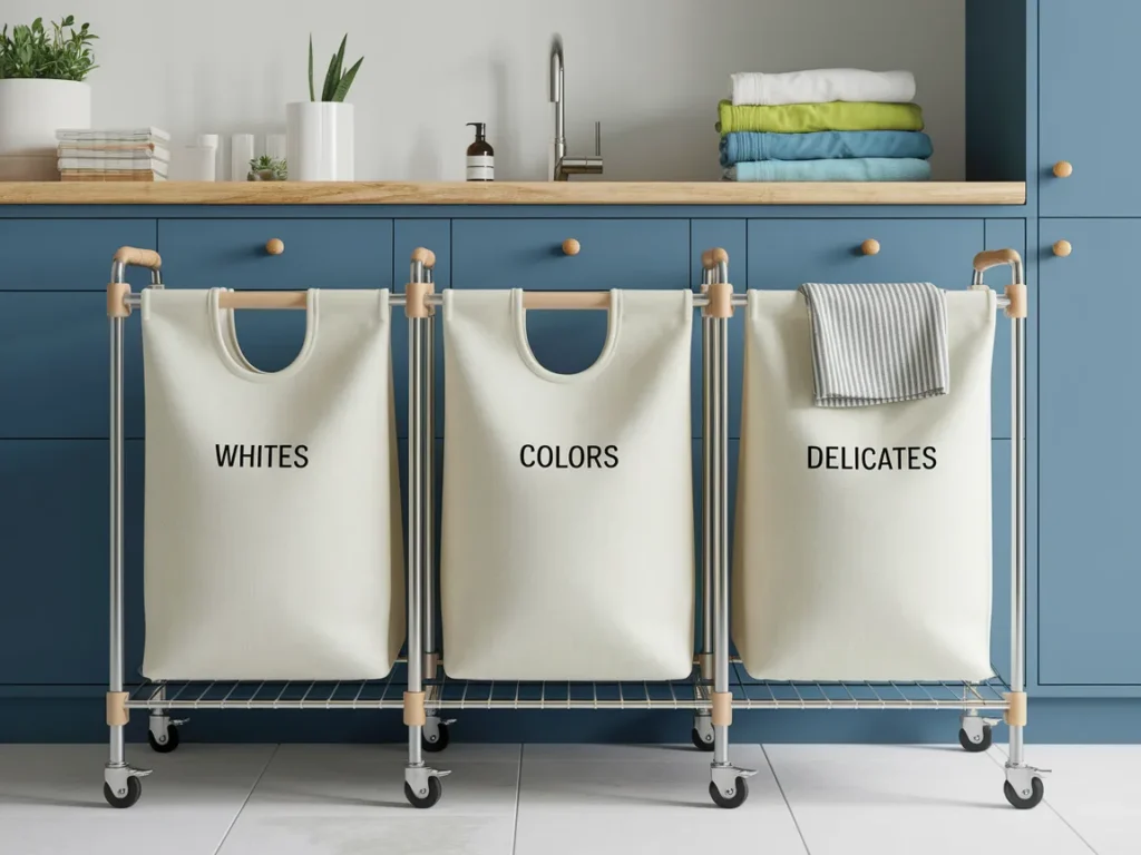 three-section rolling laundry sorter with canvas