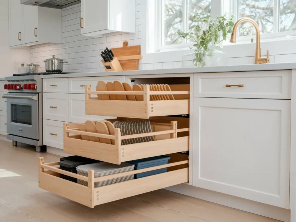 toe-kick drawer pulled open at the base of kitchen cabinets