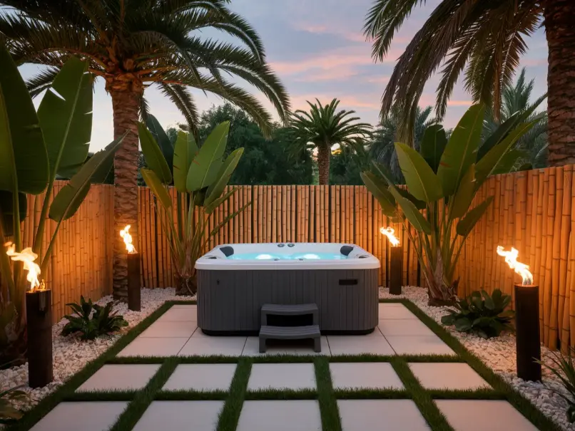tropical-themed backyard with a 2 person hot tub