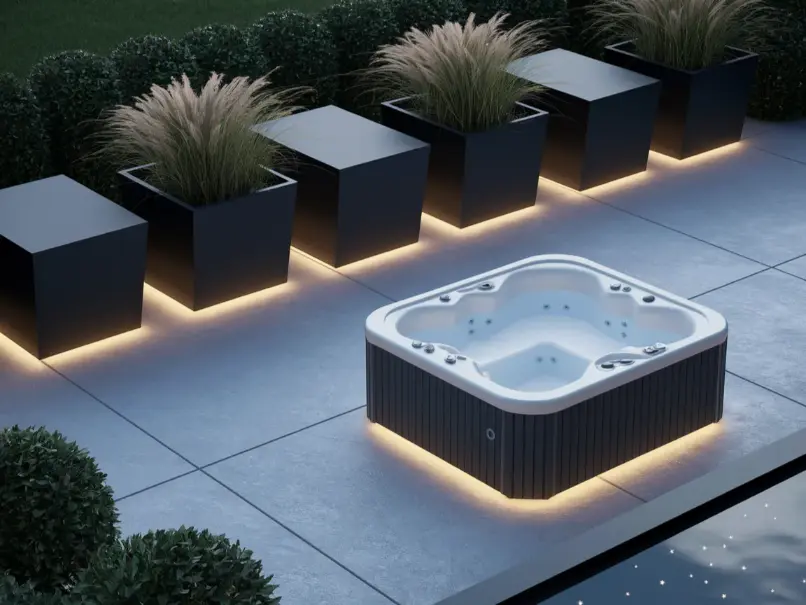 ultra-modern minimalist patio with a white 2 person hot tub