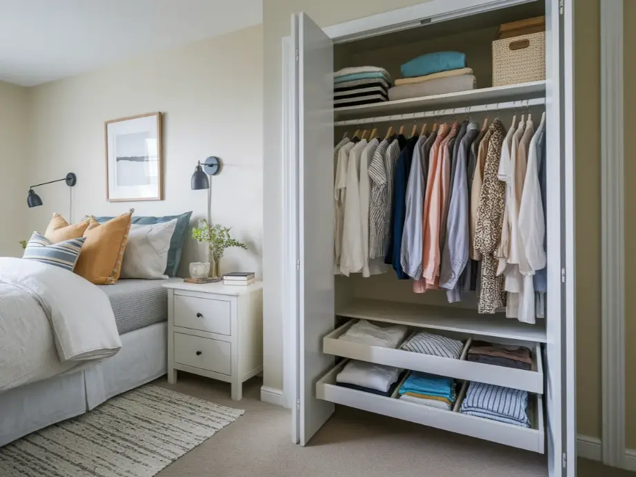 well-organized studio apartment bedroom area showing under-bed