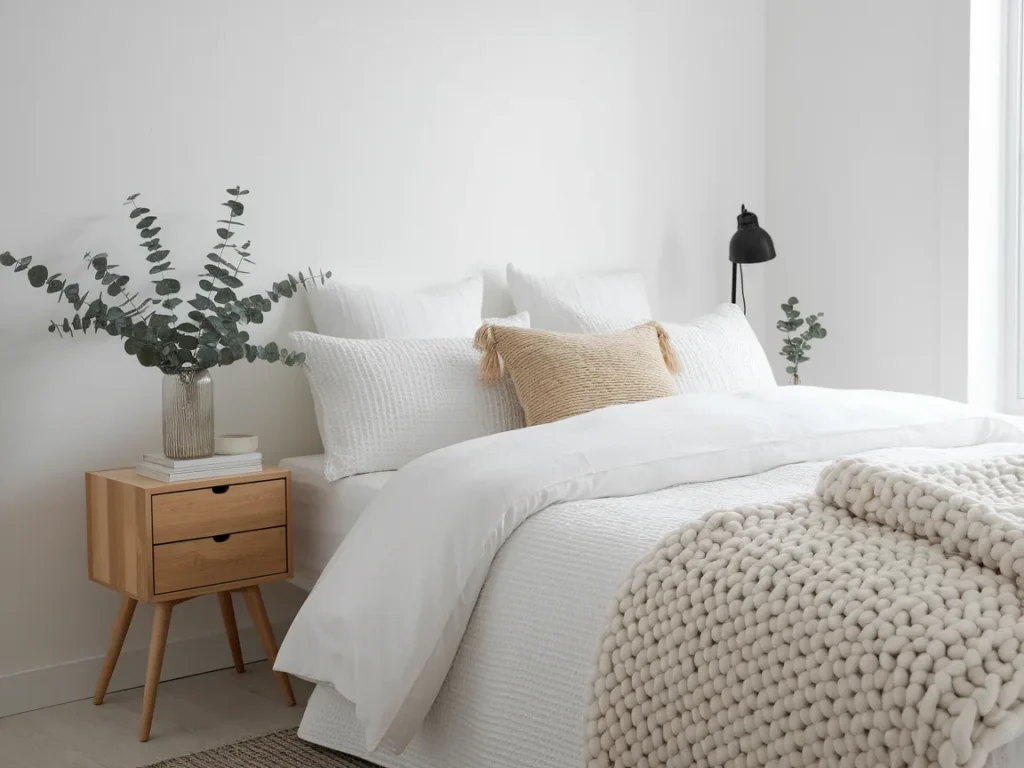 white bedding with different textures including smooth sheets
