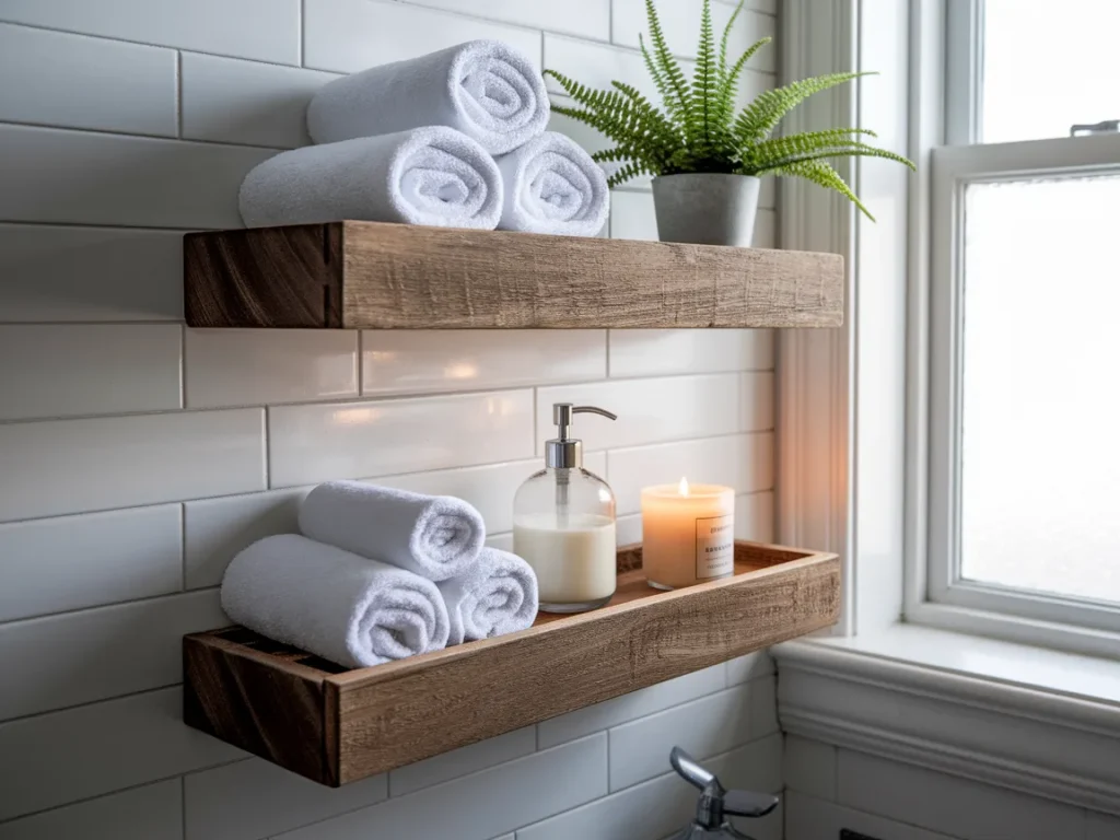  wooden floating shelves in a small white bathroom,