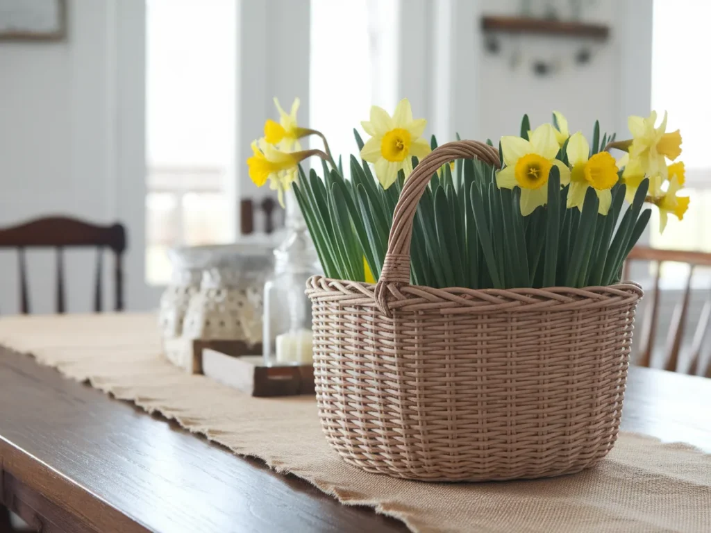woven wicker basket filled with bright yellow daffodils