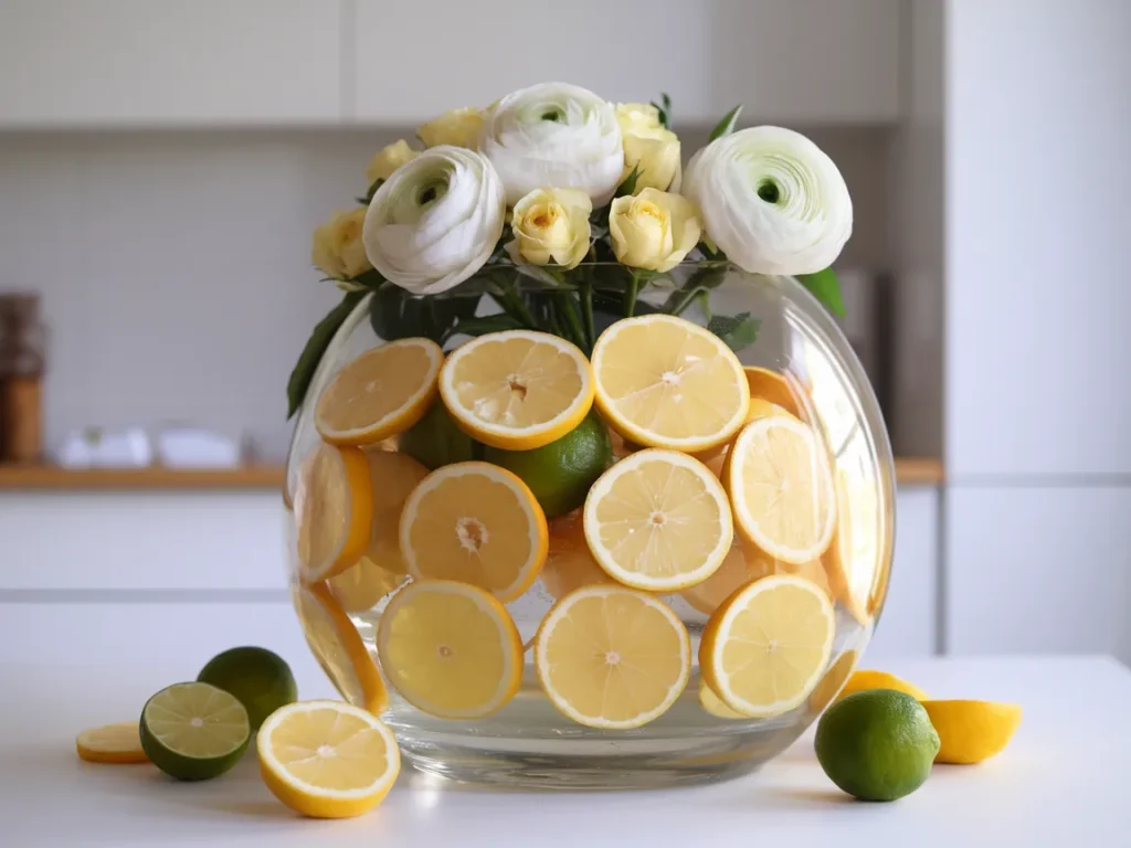 A large clear glass vase filled with sliced lemons