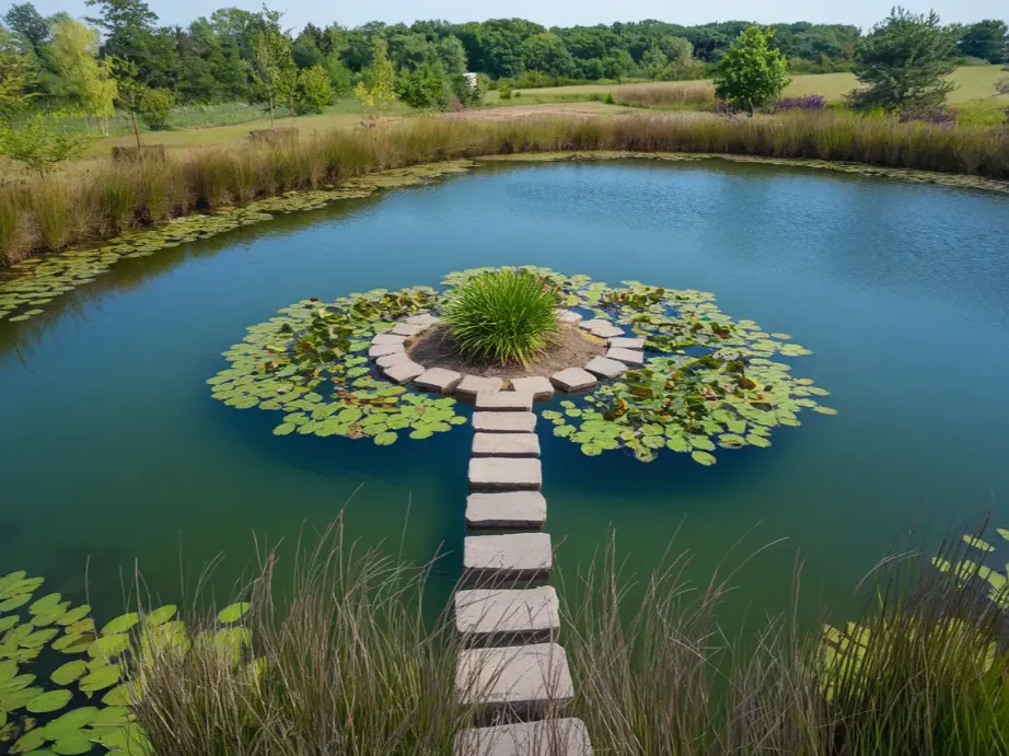  natural swim pond with a small planted island