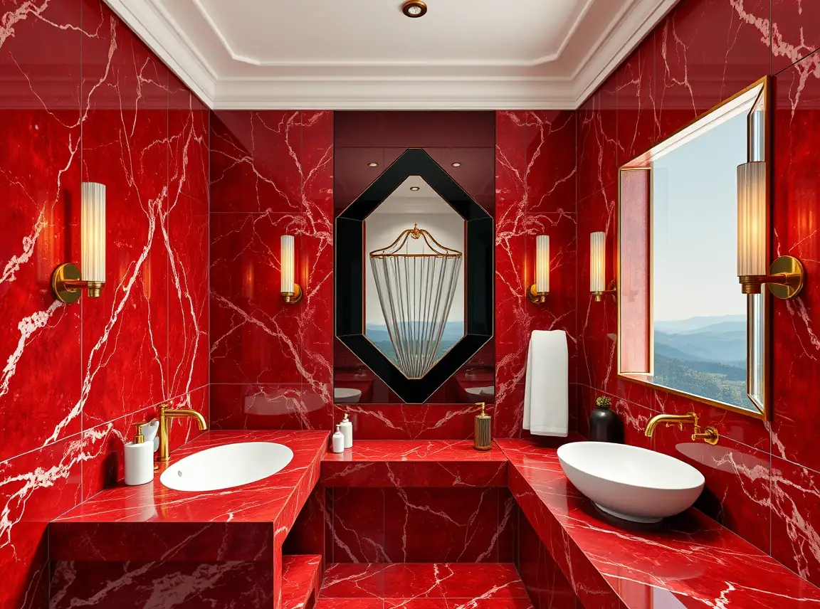 A 1920s Art Deco inspired bathroom with red marble accents, a black and gold geometric mirror, fluted glass details, and