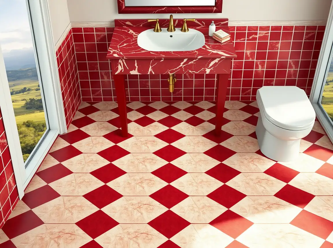 A bathroom floor in a bold checkerboard pattern of deep red and cream tiles with a red marble vanity above and brass