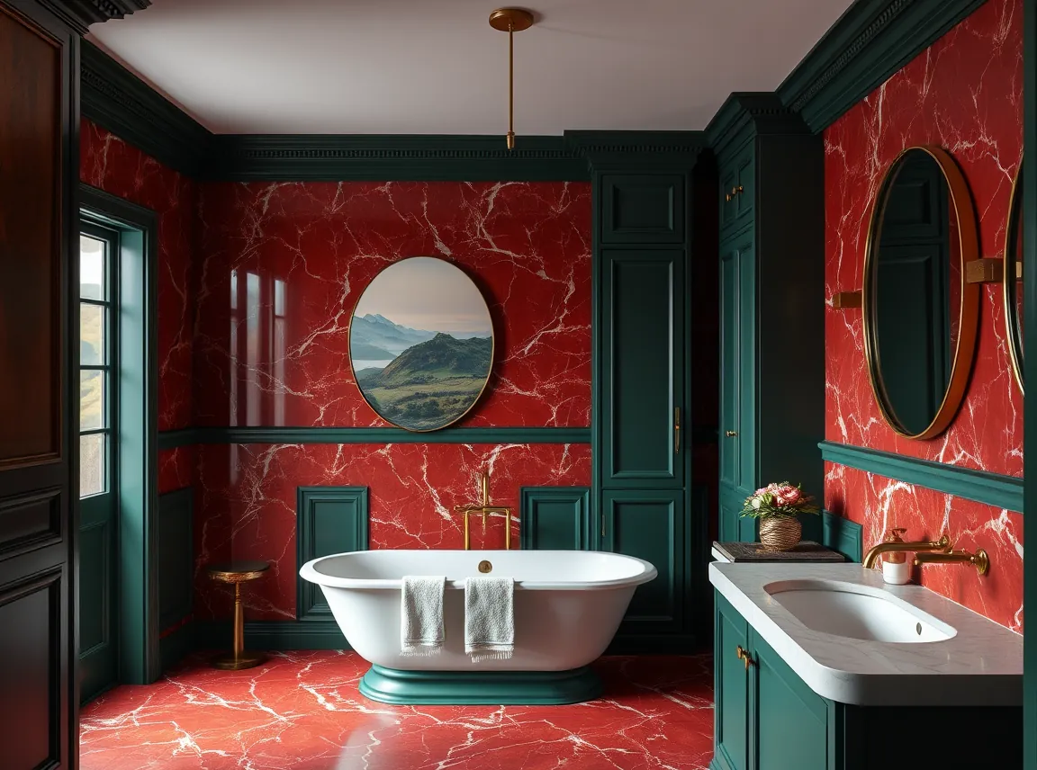 A bathroom with red marble walls and deep emerald green cabinetry, brass hardware, landscape photo