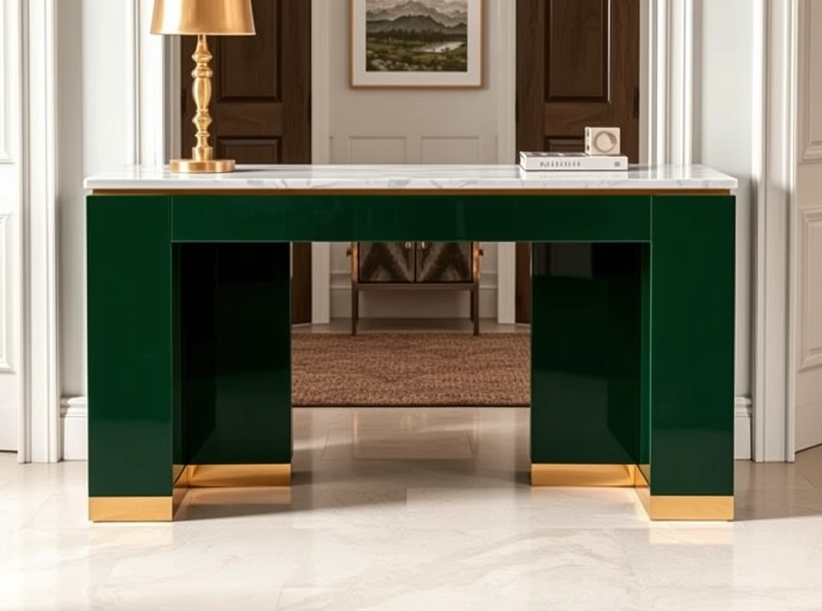 A bold statement console table with a white marble top and deep green lacquer base in a neutral entryway, a single brass