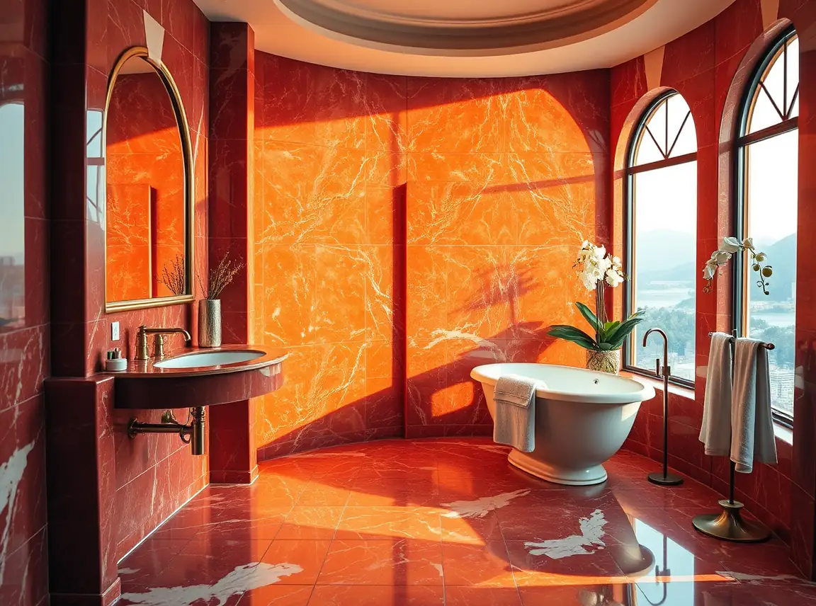 A breathtaking finished red marble Art Deco bathroom with warm glowing light, brass fixtures, soft veined marble, a