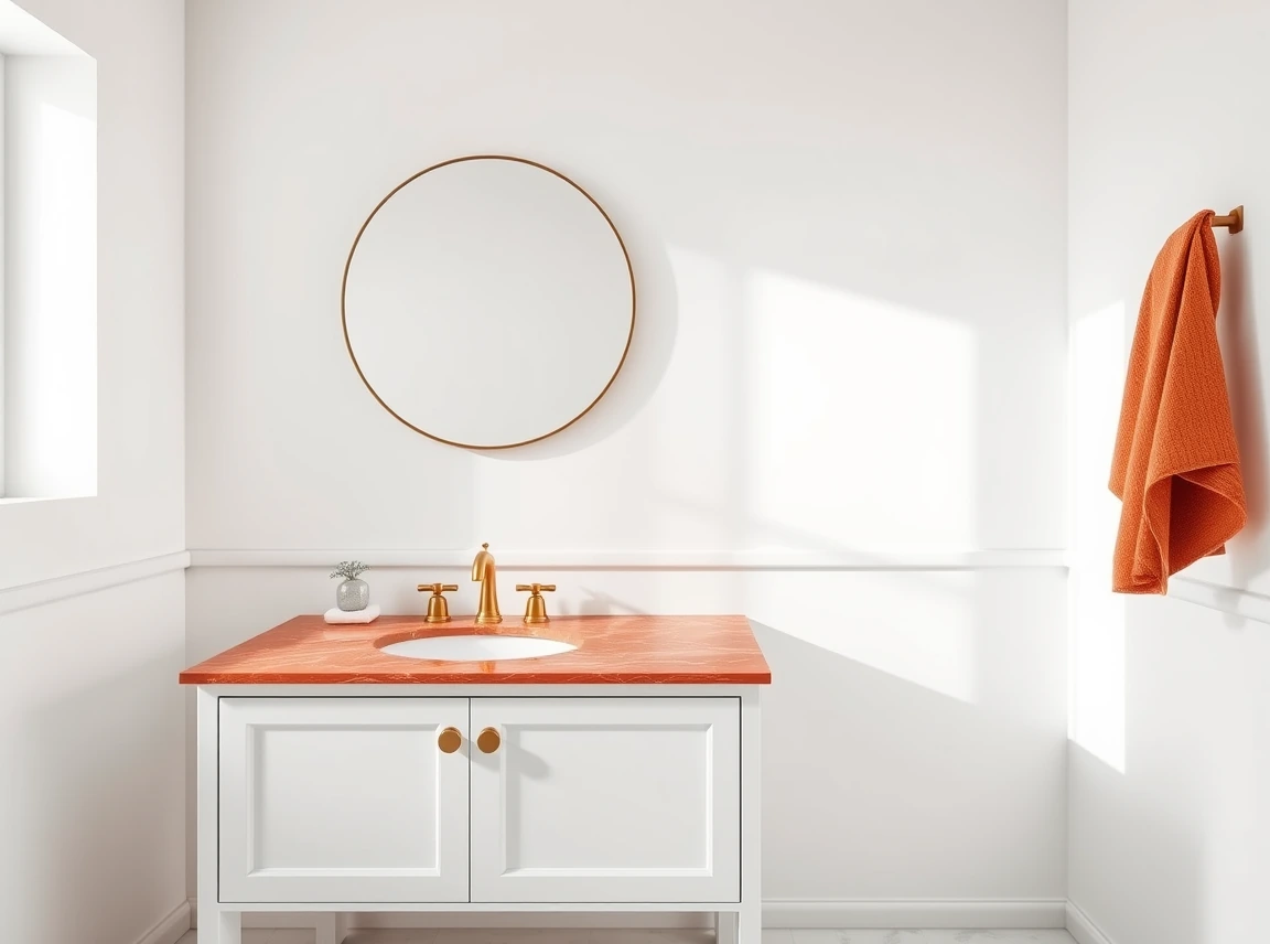 A bright bathroom showing one red marble vanity top against clean white walls, a brass faucet, and a round mirror, landscape