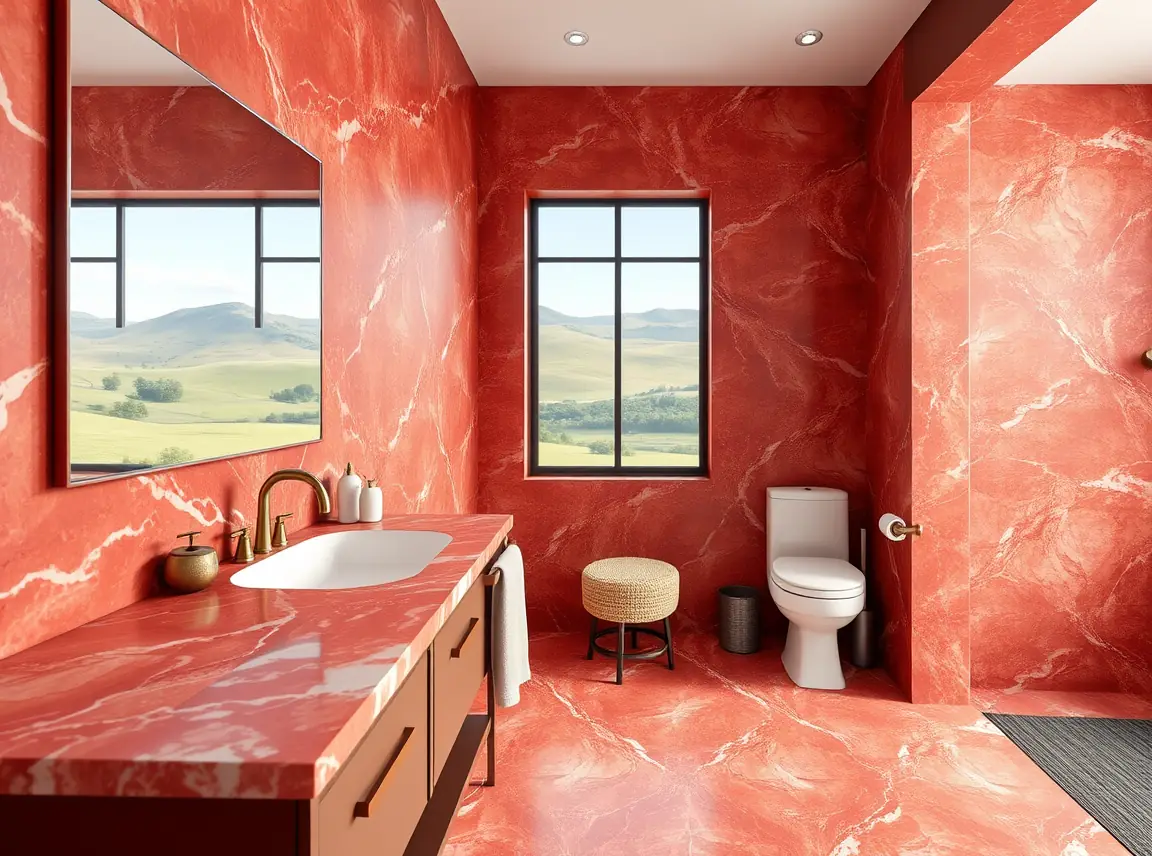 A budget-friendly bathroom mixing a real red marble vanity top with red marble-look porcelain floor tiles, brass faucet