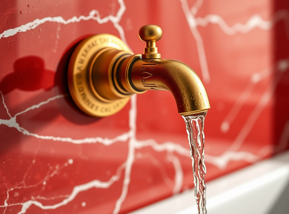 A close-up of a brass wall-mounted faucet against a red marble backsplash, water droplets catching the light, the gold metal