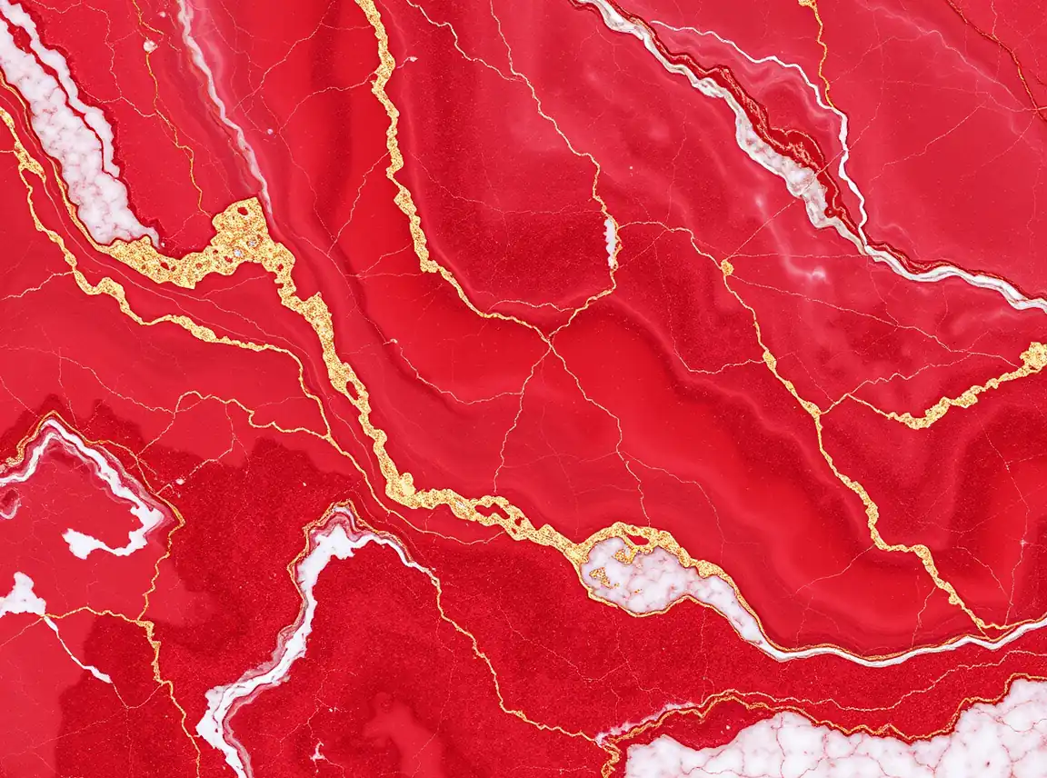 A close-up of a polished red and burgundy marble slab with flowing white and gold veining, soft light catching the glossy