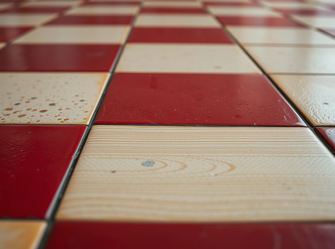 A close-up of red and cream checkerboard floor tiles showing crisp clean grout lines, landscape photo