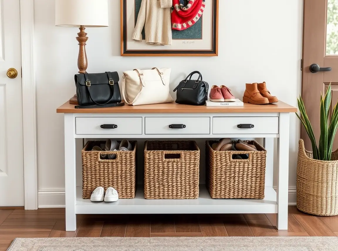 A console table with an open lower shelf holding three matching woven storage baskets full of shoes and bags