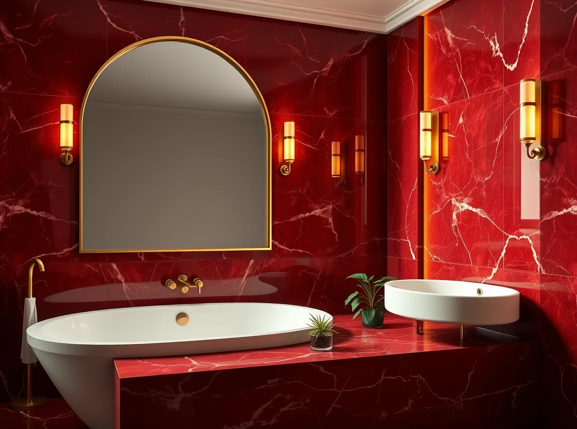 A dramatic Art Deco bathroom with deep red marble walls and a freestanding white tub, warm brass fixtures, a large arched