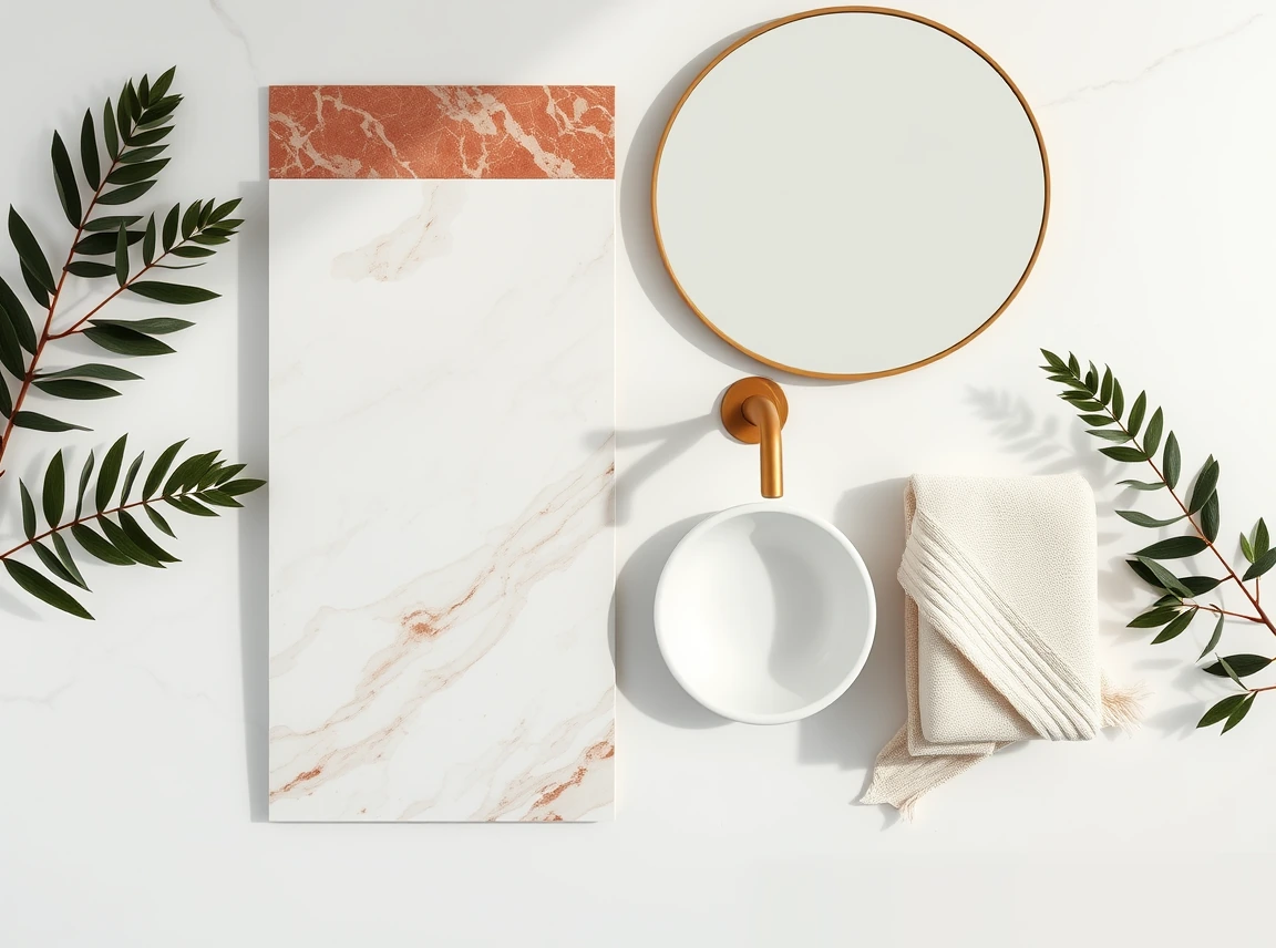 A flat-lay of red marble bathroom materials including a marble tile sample, a brass faucet, a round mirror, and a folded