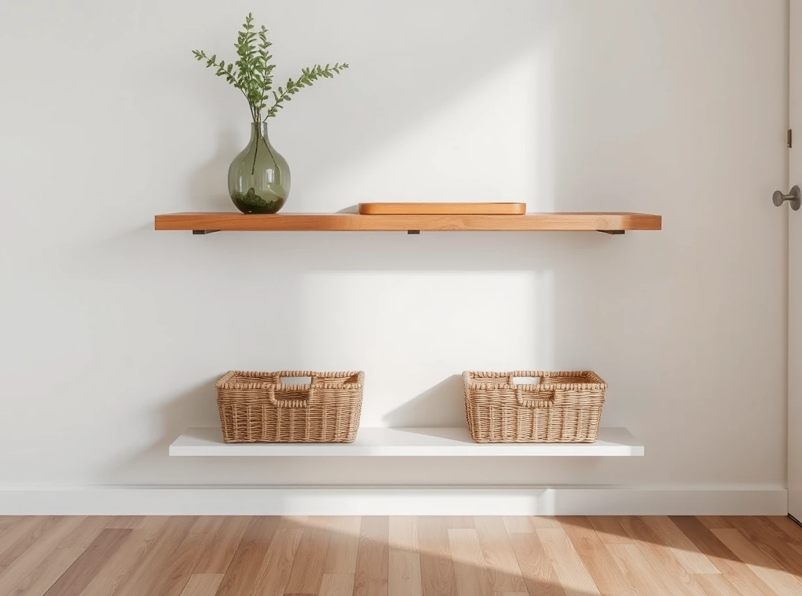 A floating wall-mounted entryway console with no legs and open floor beneath, two woven baskets tucked under for shoes, a