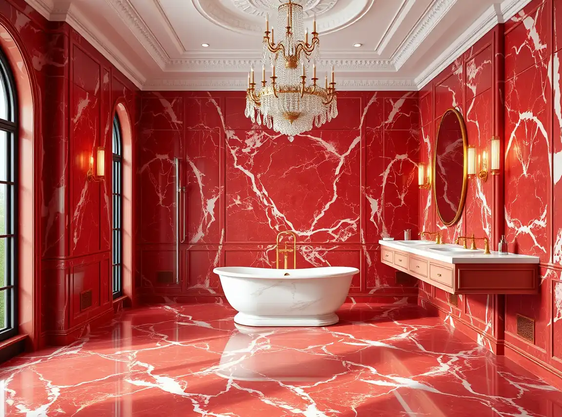 A grand bathroom with floor-to-ceiling red marble, a freestanding tub, a chandelier, and gold fixtures, the white and gold