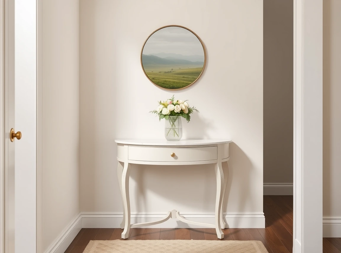 A half-moon demilune console table with a curved front against a hallway wall, a round mirror above and a small floral