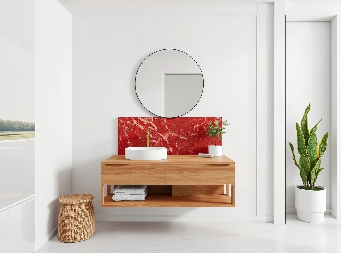 A modern bathroom with a single red marble feature wall, a sleek floating wood vanity, a brass faucet, and a round mirror
