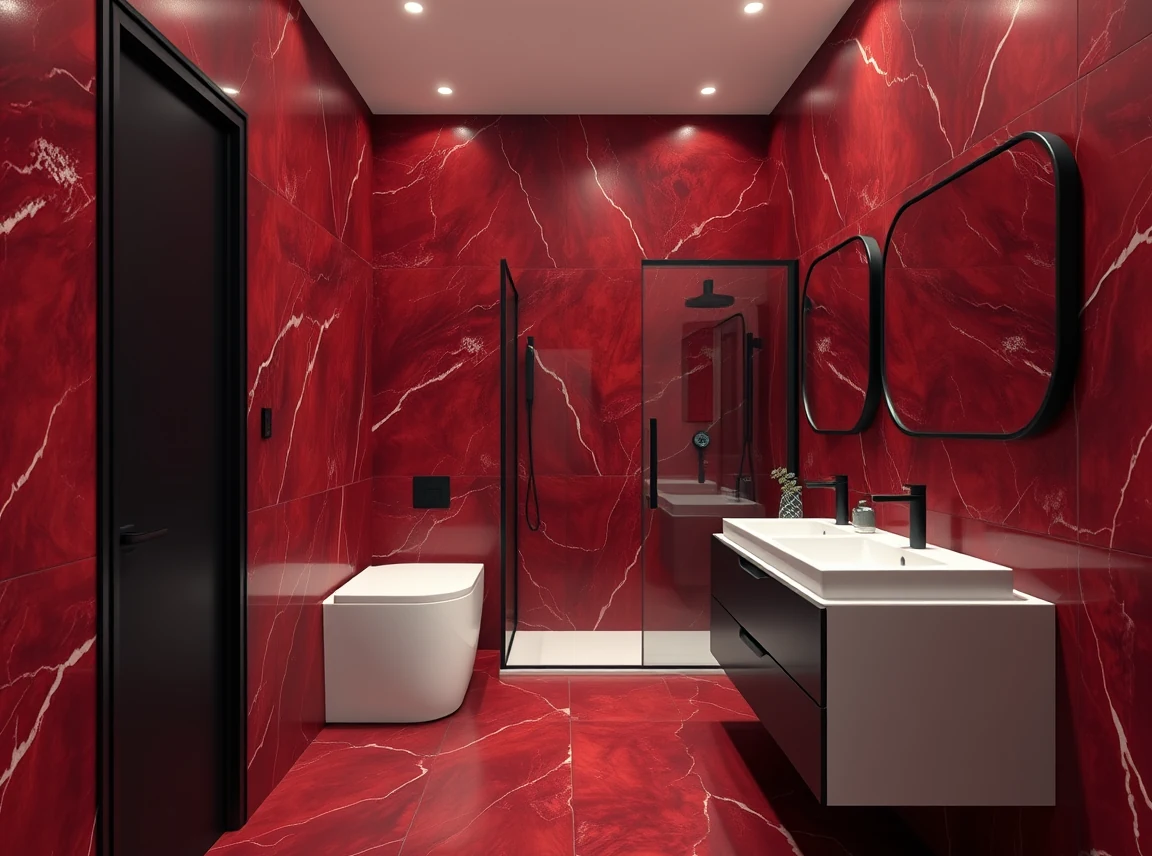 A modern bathroom with red marble walls, matte black fixtures, and a black framed shower, landscape photo