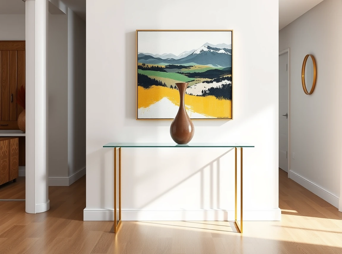 A modern console table with a clear glass top and slim gold metal legs in a bright entryway, a single tall sculptural vase