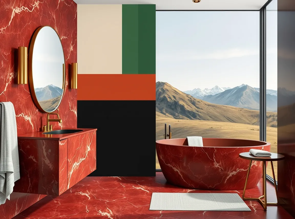 A mood board style bathroom showing red marble paired with swatches of deep green, warm cream, and black, plus brass