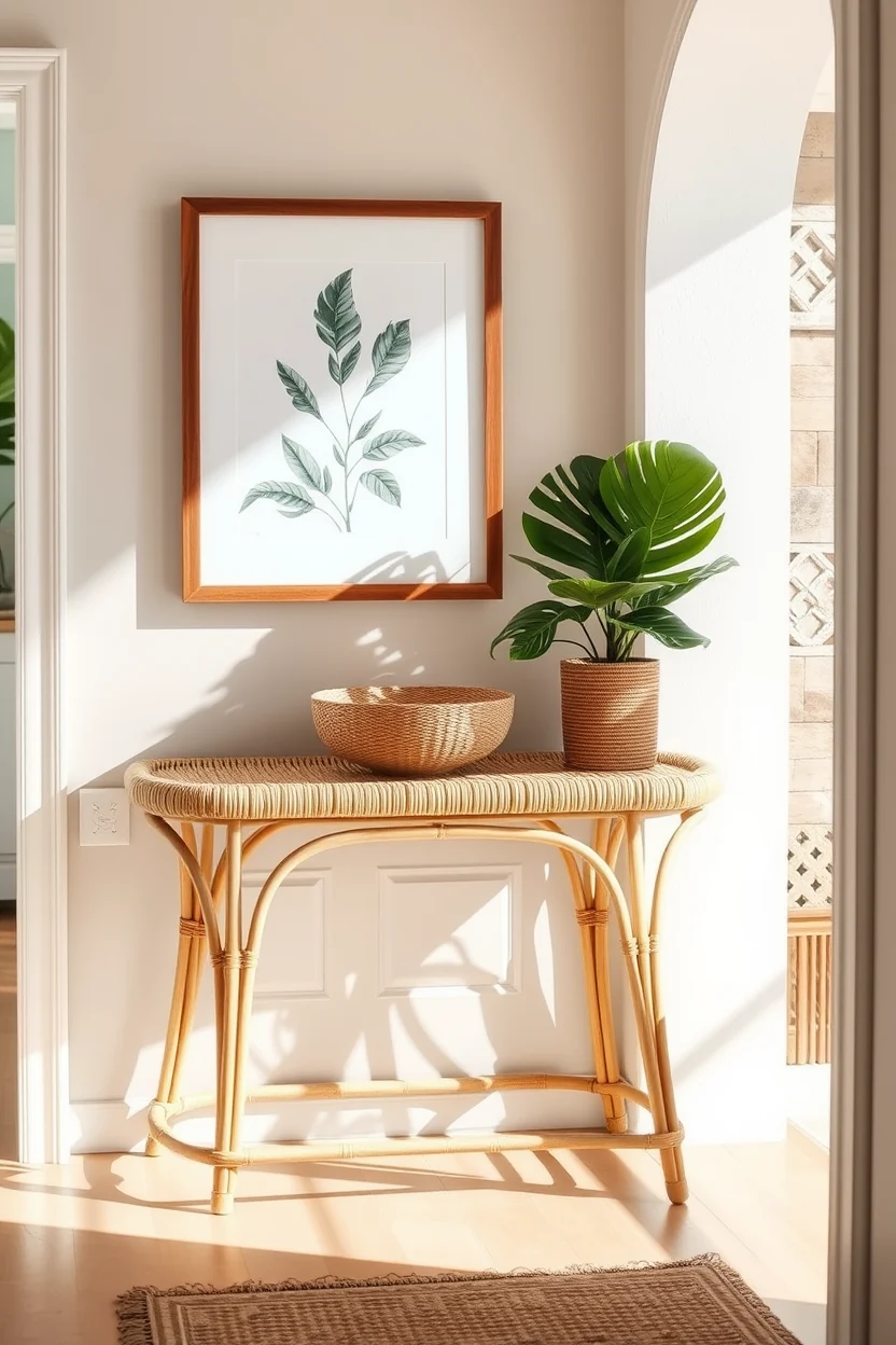 A natural rattan console table in a sunlit entryway, a woven bowl, and a framed botanical print leaning against the wall