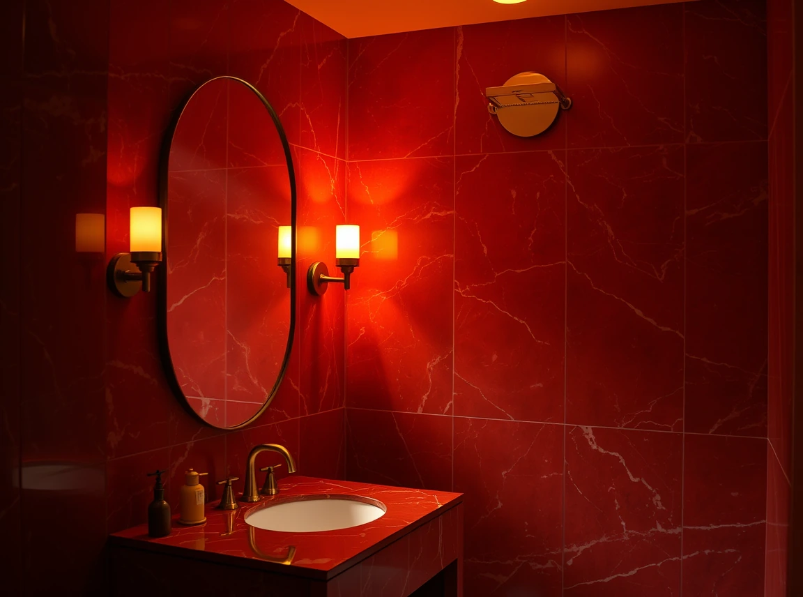 A red marble bathroom lit with layered warm light, glowing brass sconces beside the mirror and a soft overhead glow, the