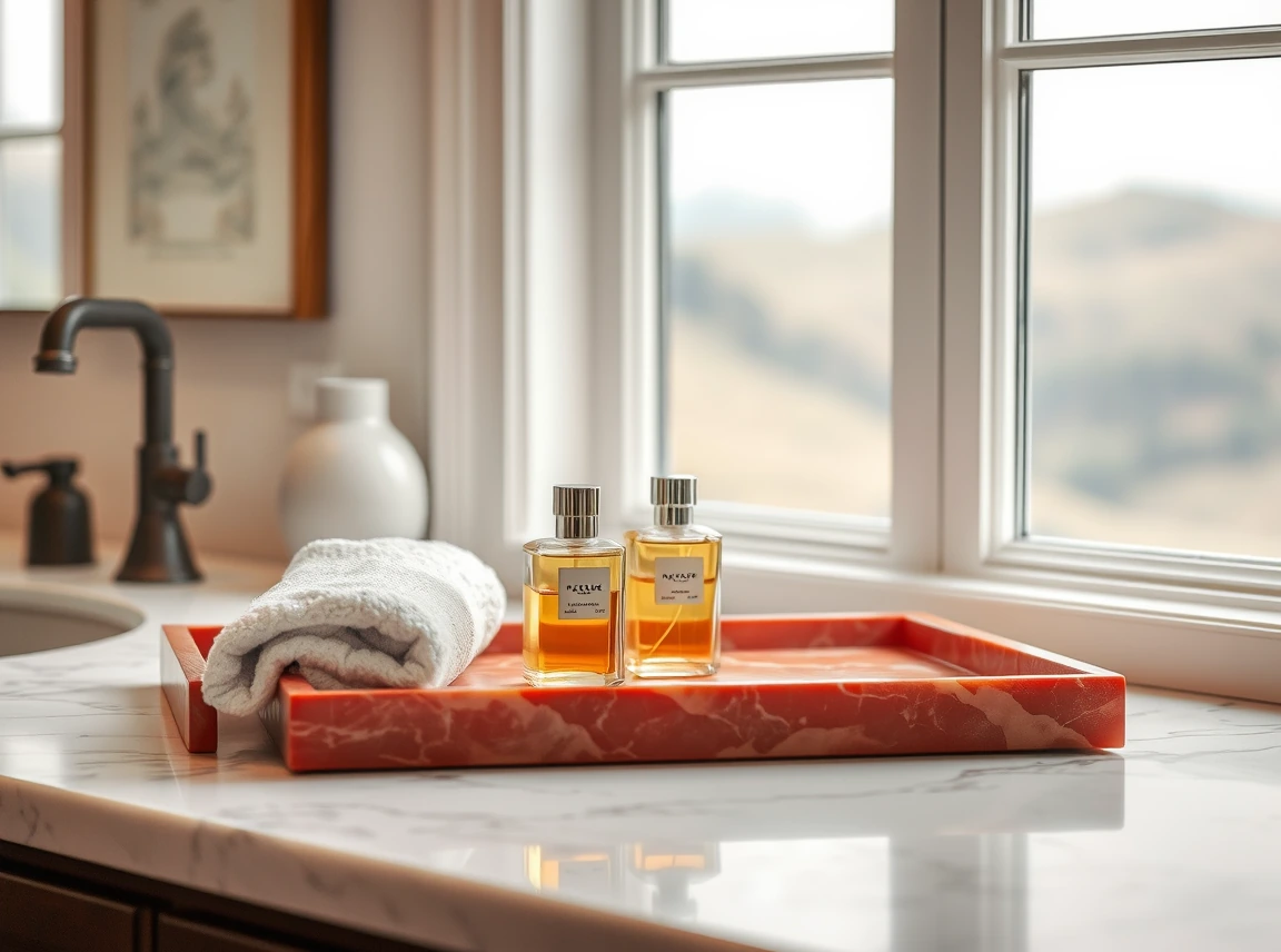 A red marble tray holding perfume bottles and a folded hand towel on a bathroom counter, soft window light, landscape photo