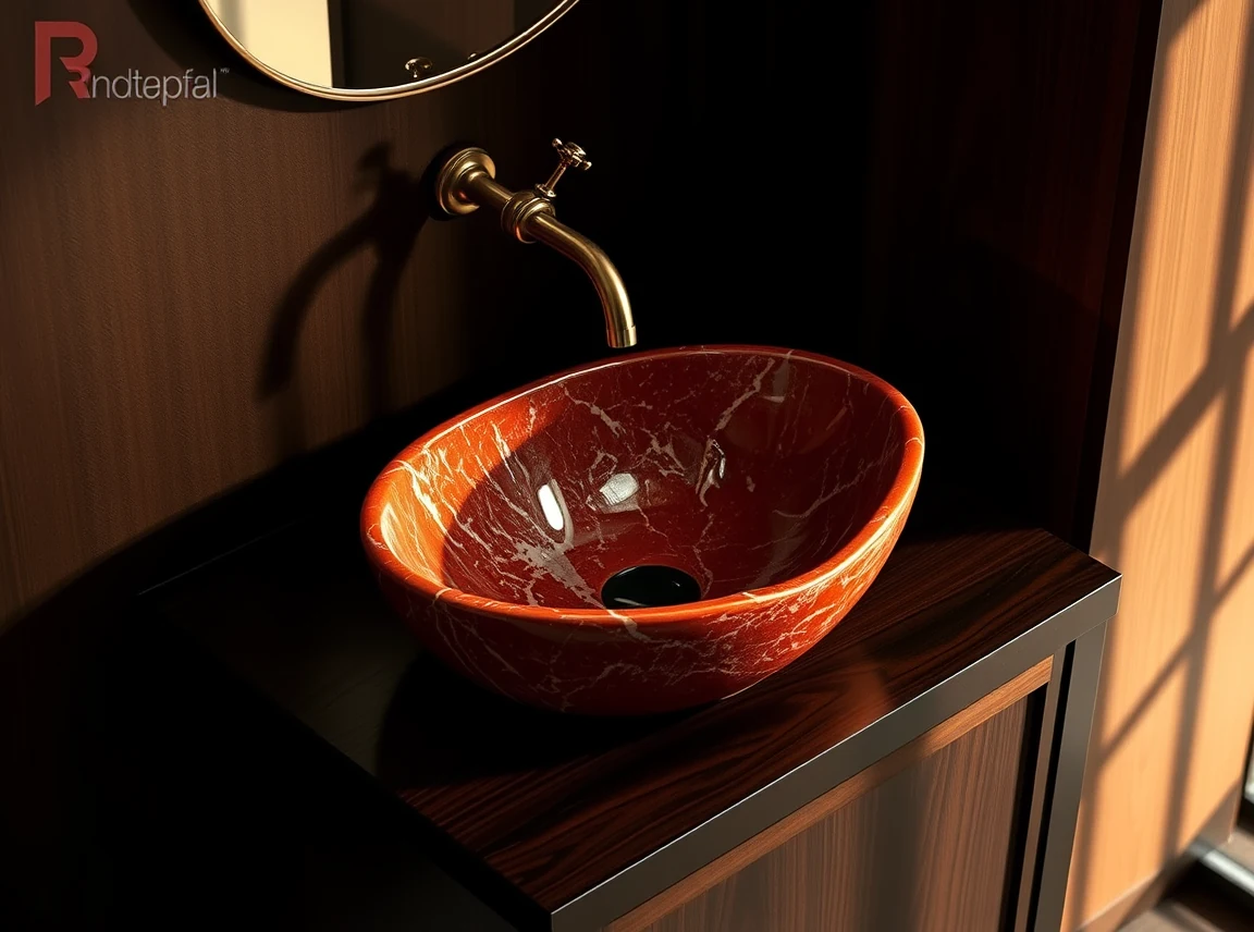 A sculptural red marble vessel sink on a dark wood vanity with a wall-mounted brass faucet above it, warm intimate light