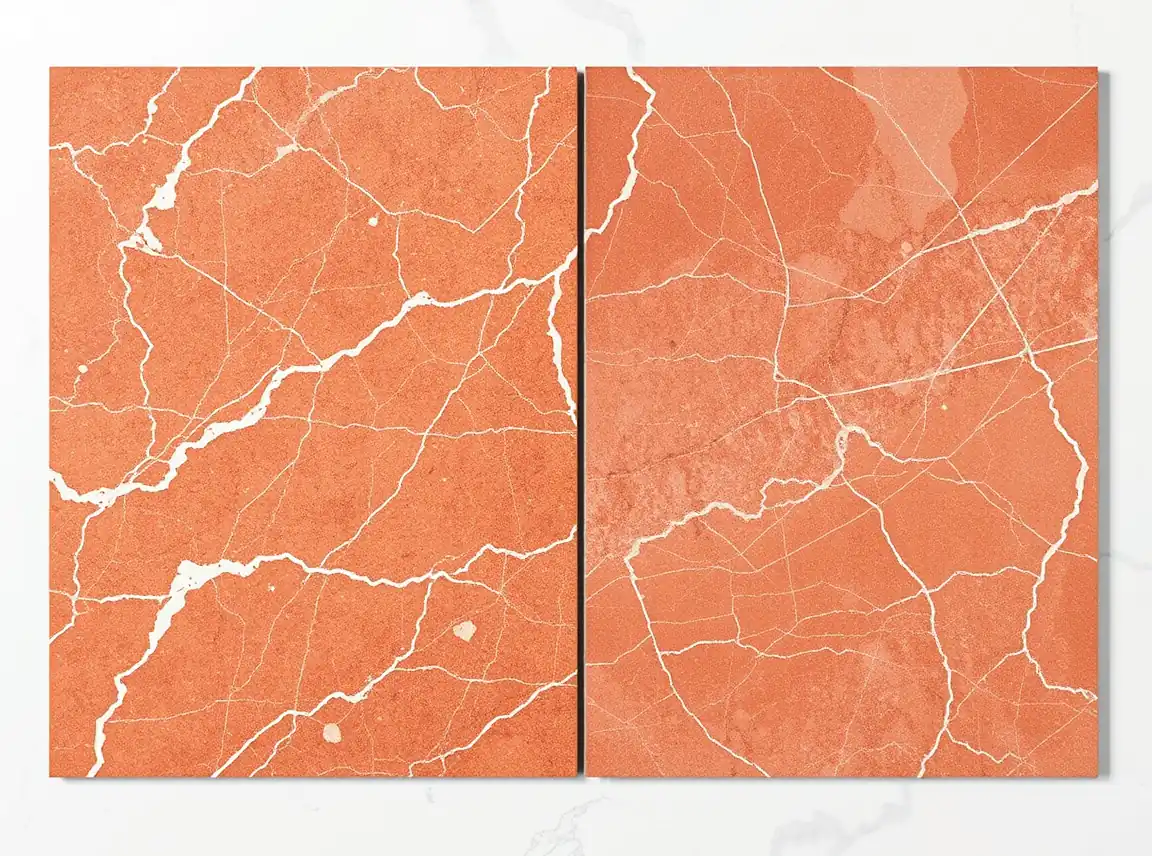 A side-by-side comparison of real red marble tile and red marble-look porcelain tile, both showing rich veining, laid flat