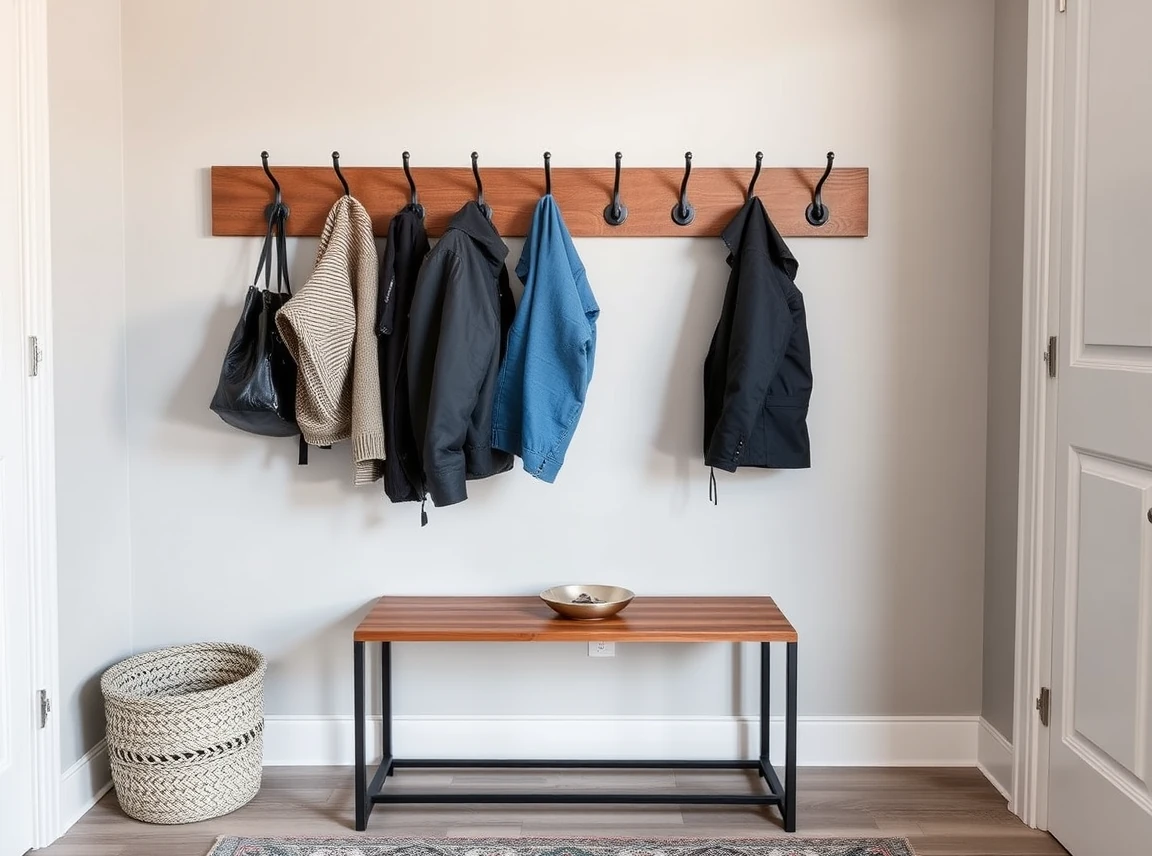 A slim narrow entryway console table about a foot deep against a wall, a row of black coat hooks above holding jackets, a
