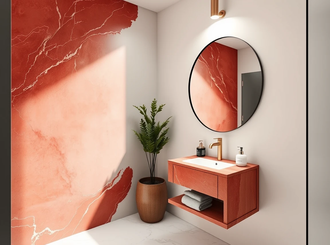 A small powder room with one red marble accent wall, a compact floating vanity, and a large round mirror reflecting light