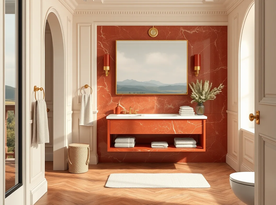 A soft elegant bathroom with a red marble vanity wall, warm cream painted walls, beige towels, and brass accents, landscape