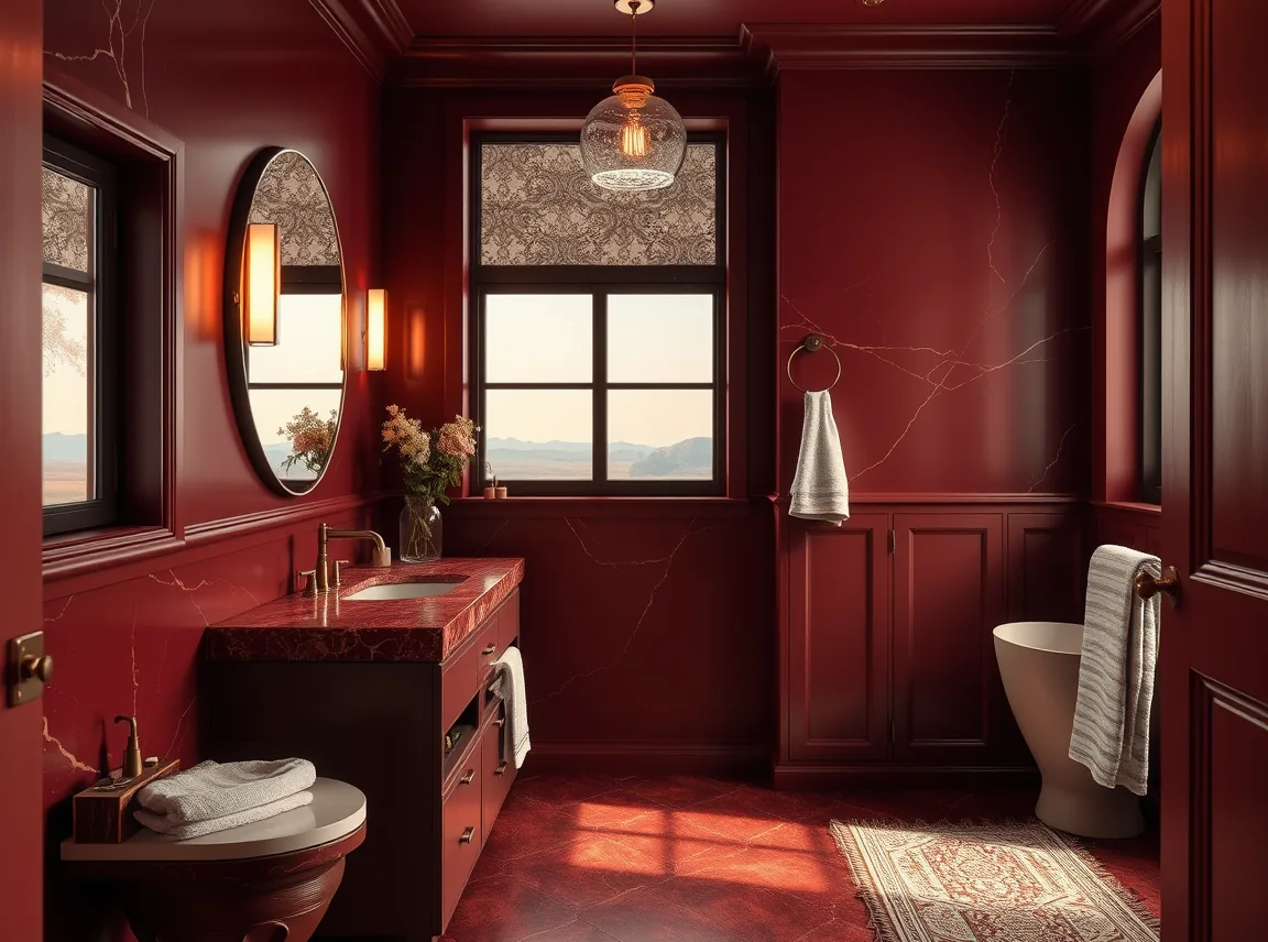 A stylish bathroom in deep burgundy and warm brown tones with a red marble vanity, brass hardware, and soft warm lighting