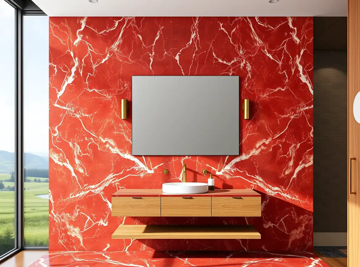 A vanity wall clad in dramatic red marble with a large frameless mirror, two brass sconces, and a floating wood vanity