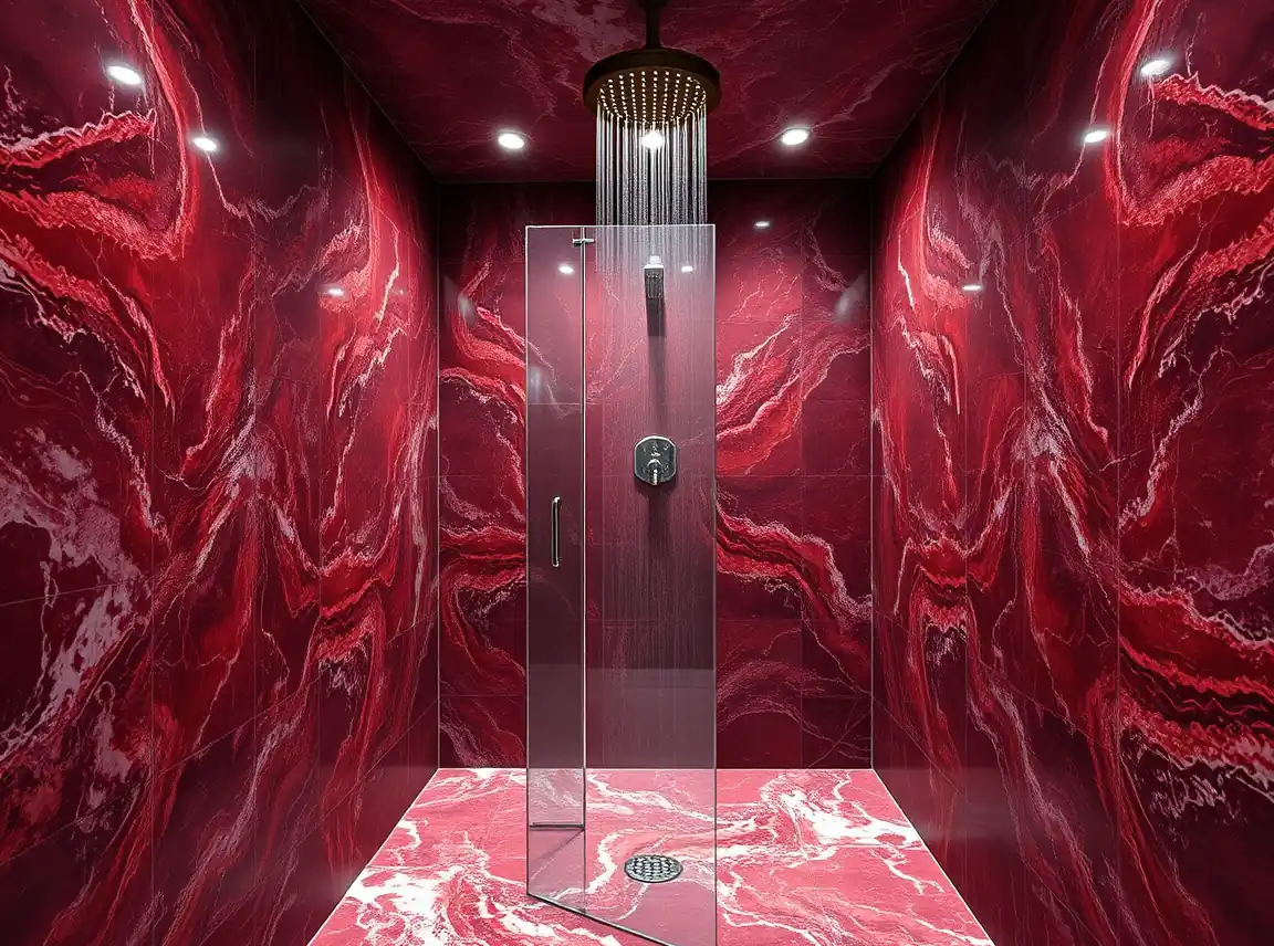 A walk-in shower fully clad in red and burgundy marble from floor to ceiling, a brass rainfall showerhead, a glass door