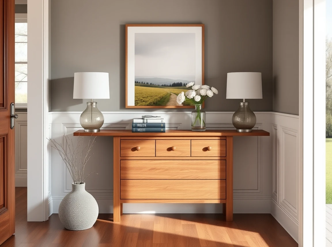 A warm walnut wood entryway console table with three drawers, a stack of books, and fresh white flowers in a vase, cozy