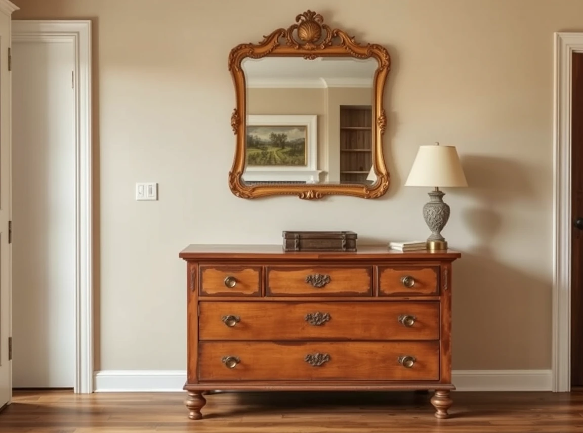 An antique wooden dresser used as an entryway console table, slightly weathered finish with brass knobs, charming