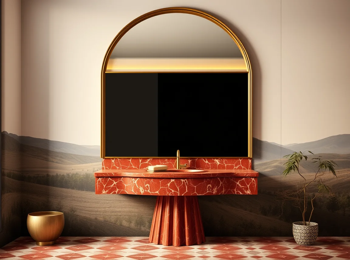An arched brass-framed mirror above a red marble vanity with a fluted base and a geometric patterned floor, landscape photo