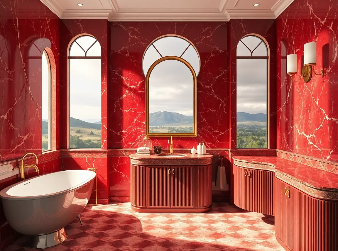 An Art Deco bathroom with red marble, a brass-framed arched mirror, fluted cabinet fronts, and a geometric floor, landscape