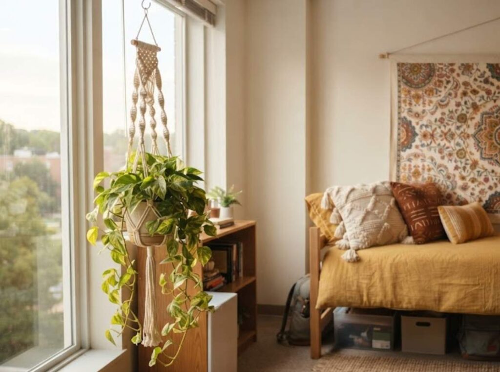 a cream cotton macrame plant hanger holding a trailing pothos