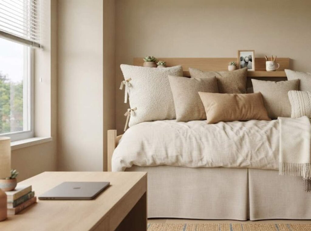a dorm bed styled with mixed-texture no-sew throw